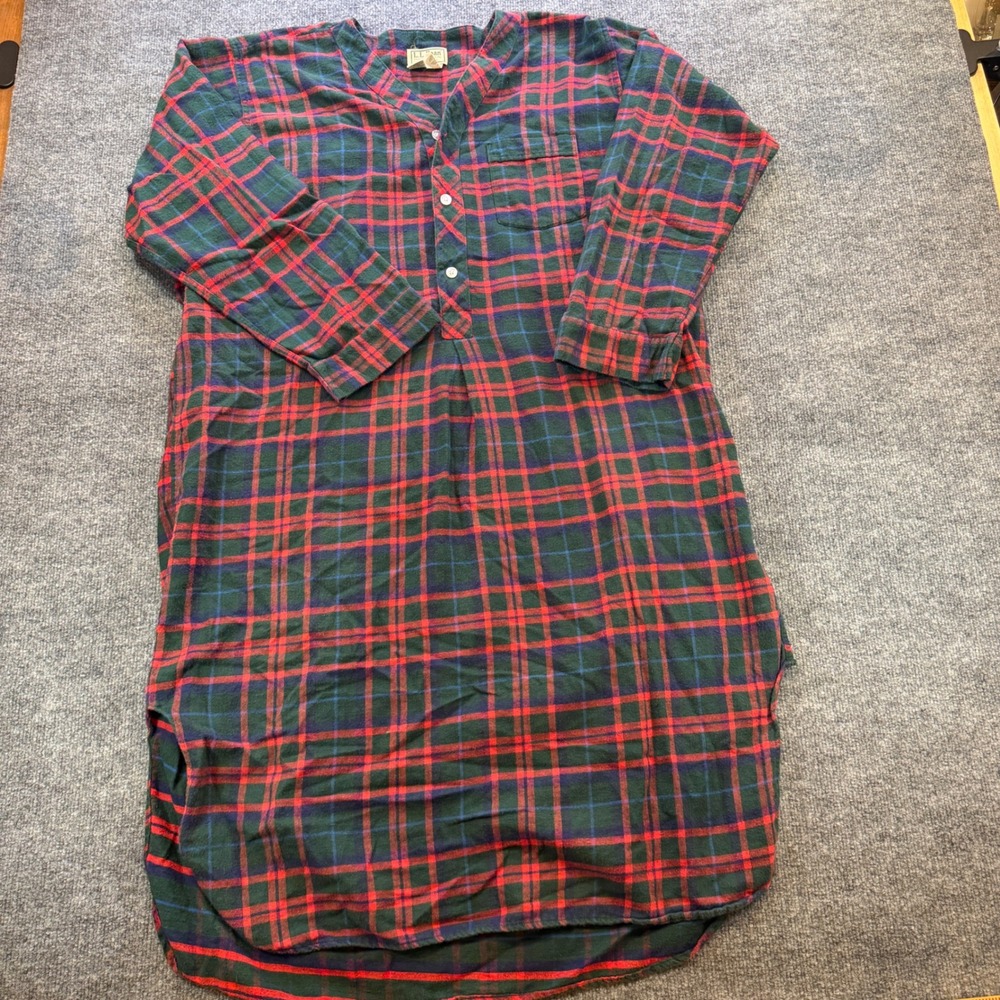 Vintage LL Bean Men XL Flannel Nightshirt Red Green Plaid Cotton Sleepwear USA - Picture 2 of 12